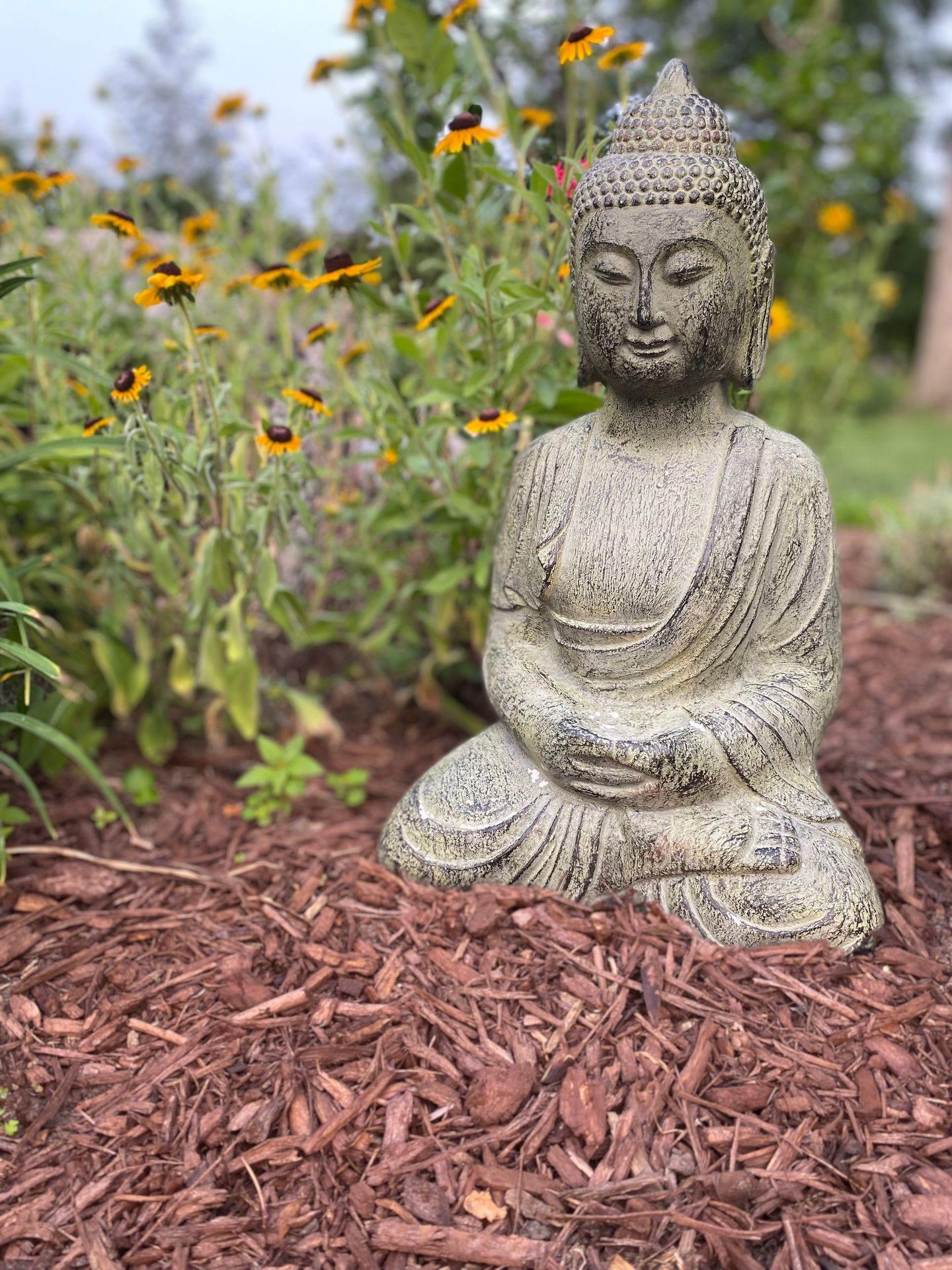 Stone Buddha statue in a garden surrounded by blooming yellow flowers and mulch.